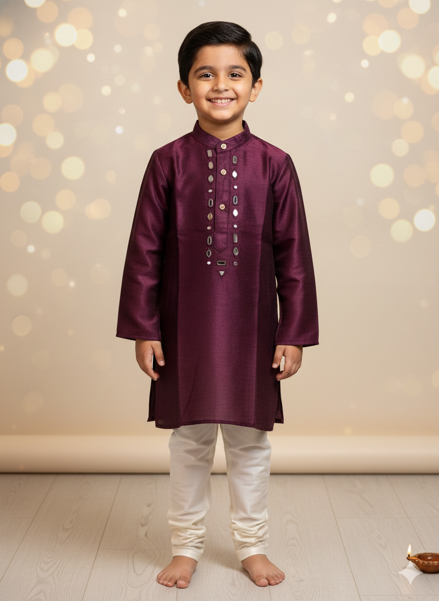 Klingaru Festive Long Kurta Pajama Set  - Mashru Wine