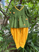 Load image into Gallery viewer, Klingaru Girl Kurta and Dhoti Set - Green Yellow with embroidered flowers and Lace Detailing
