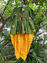 Load image into Gallery viewer, Klingaru Girl Kurta and Dhoti Set - Green Yellow with embroidered flowers and Lace Detailing
