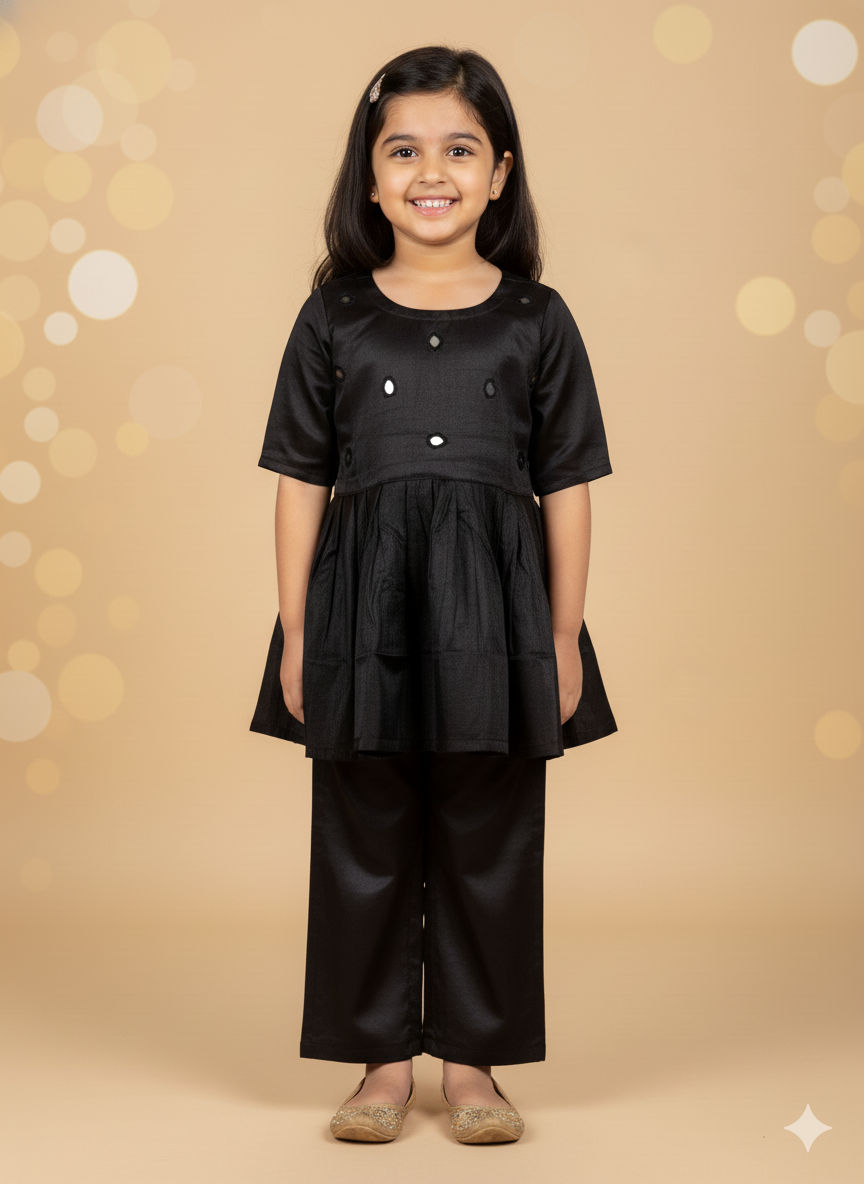 Klingaru Girl Kurta and Pants Set - Mashru Black with Mirror Work