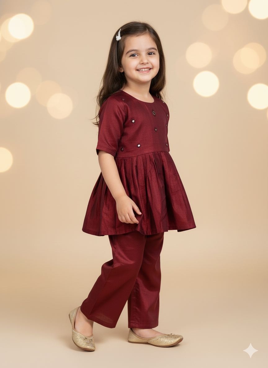 Klingaru Girl Kurta and Pants Set - Mashru Maroon with Mirror Work