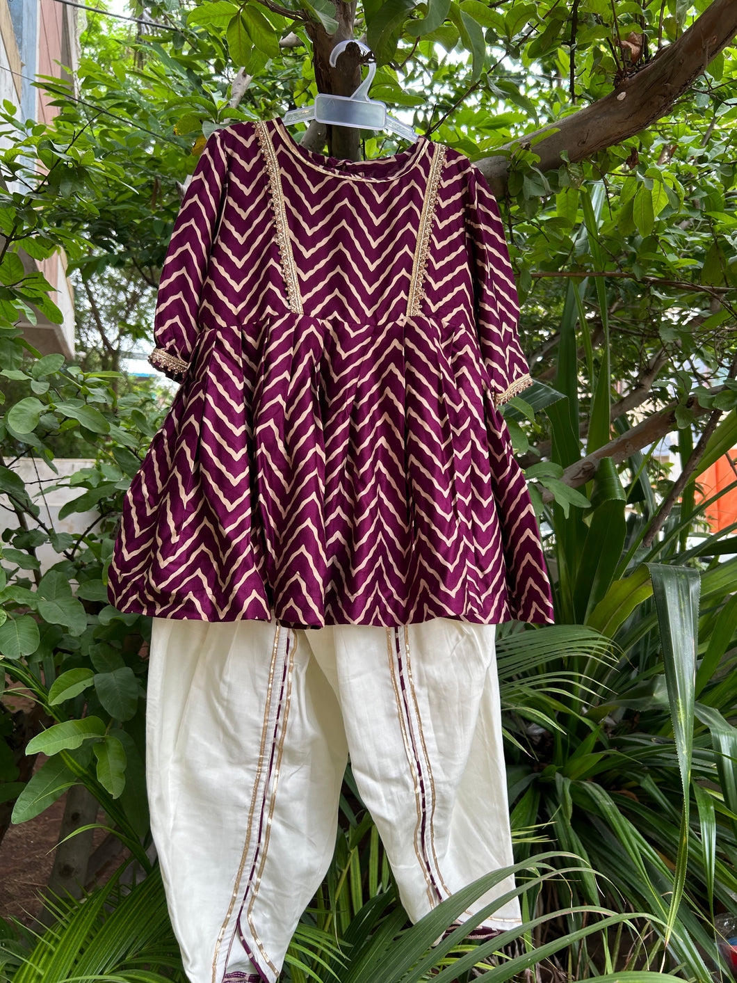 Klingaru Girl Kurta and Tulip Dhoti Set - Wine Zig Zag with Lace Detailing