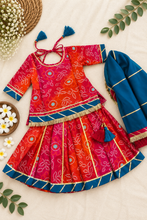 Load image into Gallery viewer, Klingaru Lehanga Choli  - Pink Red Bandhej with Teal Dupatta
