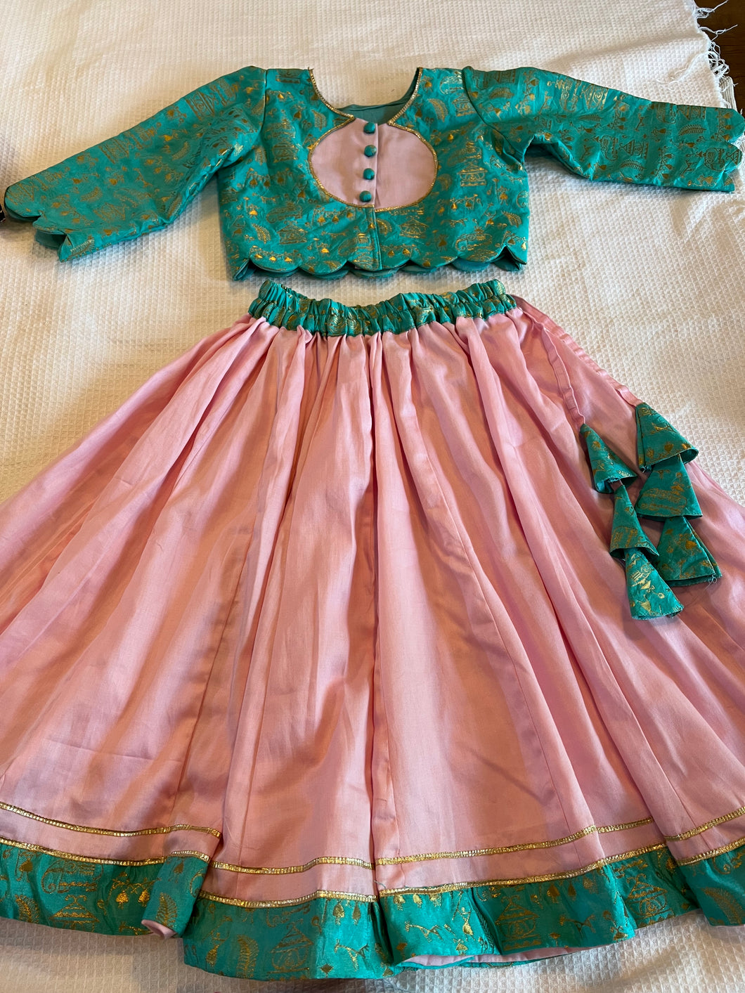 Klingaru Lehanga Choli  - Green with Pink Skirt - Banarasi hand woven with  Glaze Cotton Skirt  -  Preorder