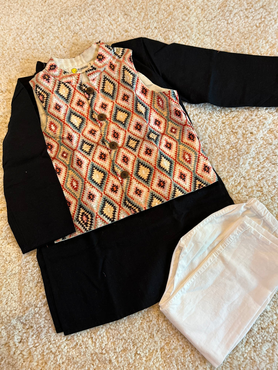 Klingaru Long Kurta Pajama Jacket Set- Black with Cream Geometric Jacket