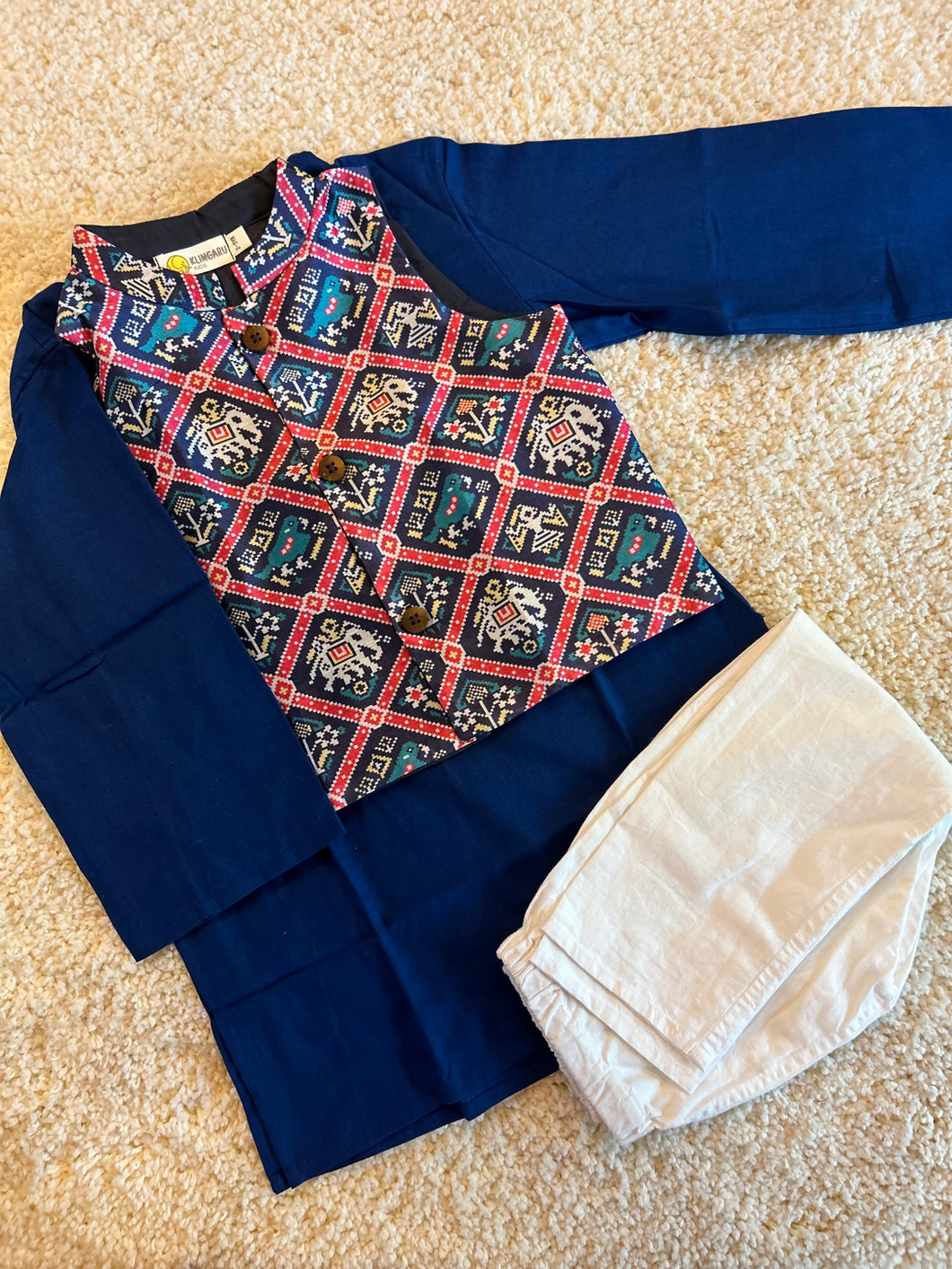 Klingaru Long Kurta Pajama Jacket Set- Blue with Blue Patola Festive Jacket