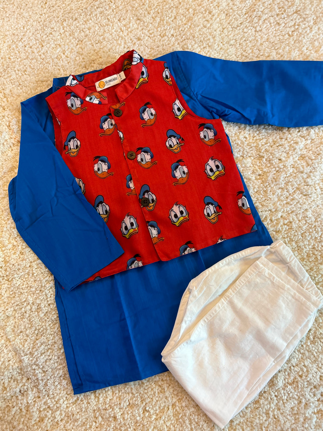 Klingaru Long Kurta Pajama Jacket Set- Blue with Red Donald Duck Jacket