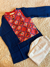 Load image into Gallery viewer, Klingaru Long Kurta Pajama Jacket Set- Blue with Red Patola Festive Jacket
