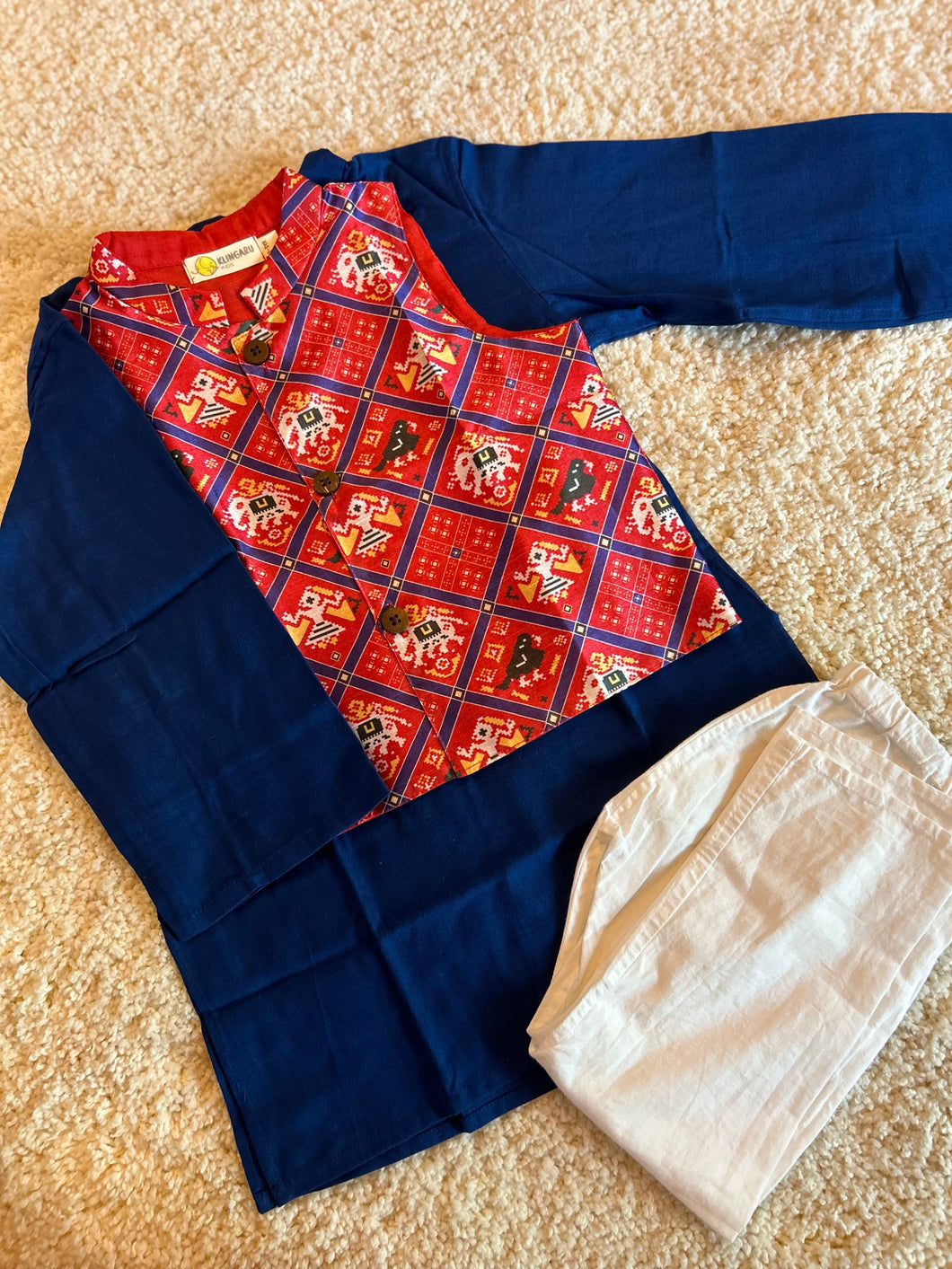 Klingaru Long Kurta Pajama Jacket Set- Blue with Red Patola Festive Jacket