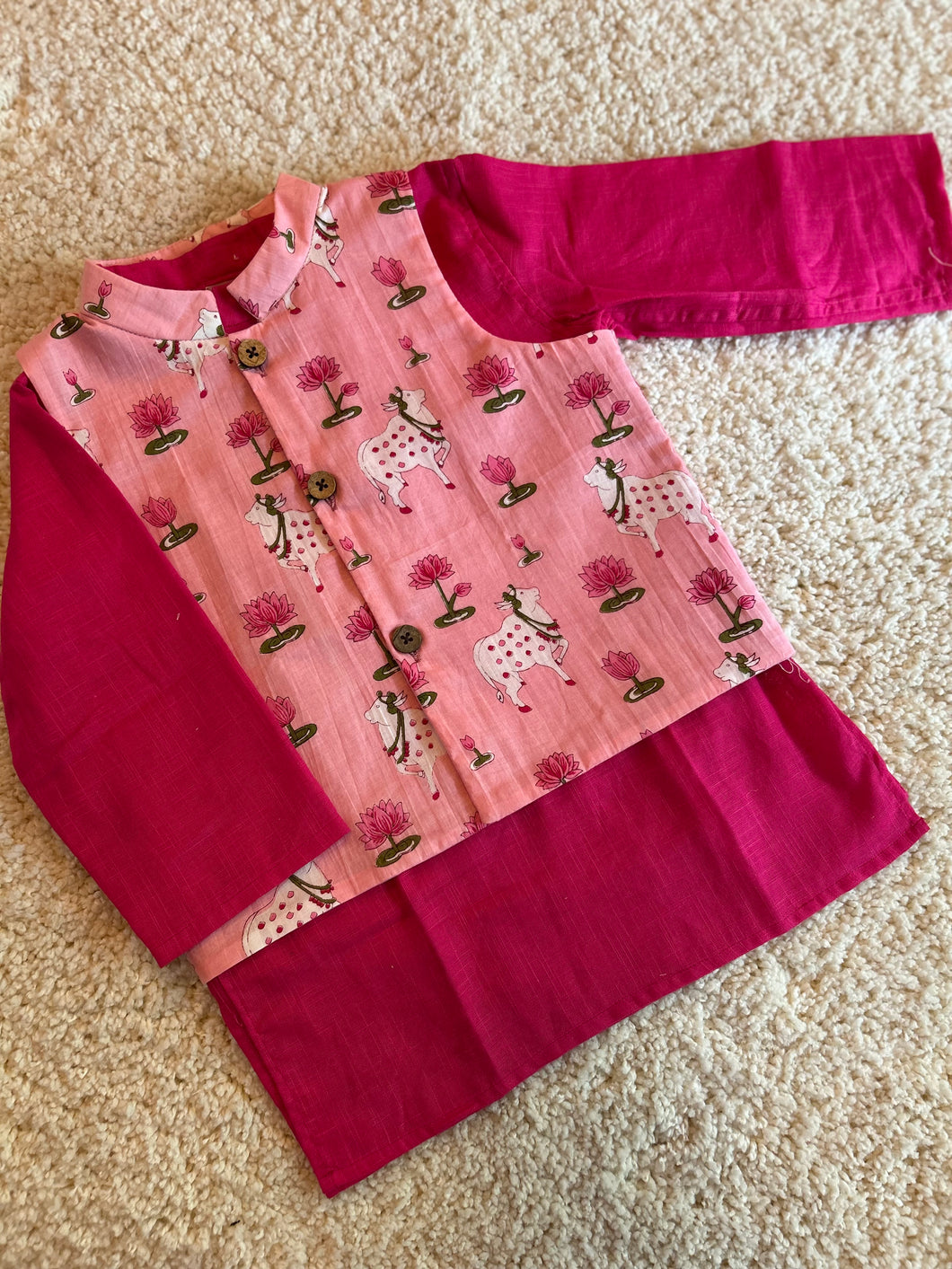Klingaru Long Kurta Pajama Jacket Set- Dark Pink with Pink Pichwai Jacket