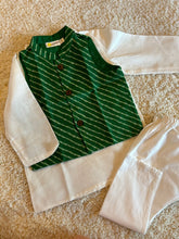 Load image into Gallery viewer, Klingaru Long Kurta Pajama Jacket Set- White with Festive Green Kota
