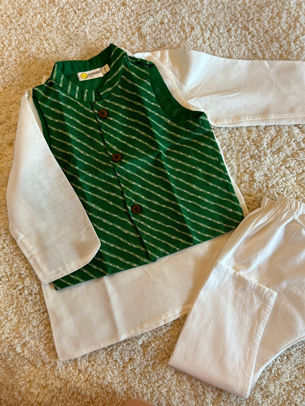 Klingaru Long Kurta Pajama Jacket Set- White with Festive Green Kota