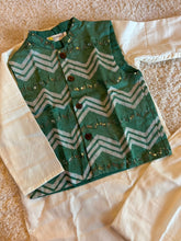 Load image into Gallery viewer, Klingaru Long Kurta Pajama Jacket Set- Offwhite with Green Waves Jacket
