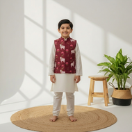 Klingaru Long Kurta Pajama Jacket Set- Offwhite with Maroon Pichwai Jacket