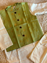 Charger l&#39;image dans la galerie, Klingaru Long Kurta Pajama Jacket Set- Offwhite with Pista Green Jacket
