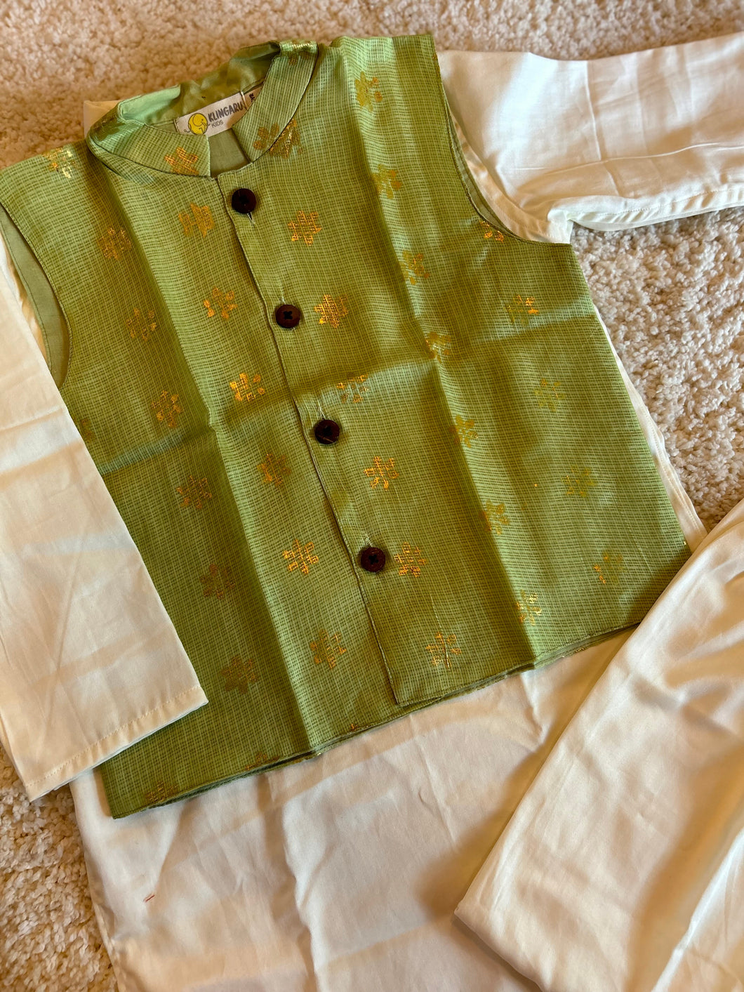 Klingaru Long Kurta Pajama Jacket Set- Offwhite with Pista Green Jacket