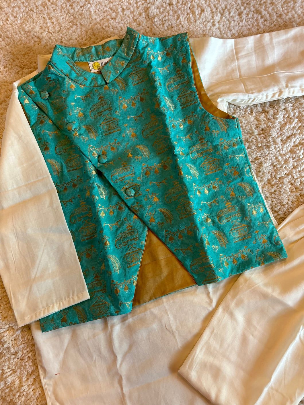 Klingaru Long Kurta Pajama Jacket Set- Offwhite with Teal Warli Jacket