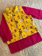 Load image into Gallery viewer, Klingaru Long Kurta Pajama Jacket Set- Pink with Yellow Pichwai Jacket
