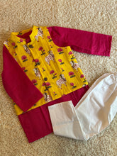 Load image into Gallery viewer, Klingaru Long Kurta Pajama Jacket Set- Pink with Yellow Pichwai Jacket

