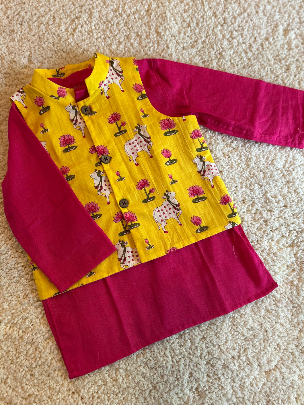Klingaru Long Kurta Pajama Jacket Set- Pink with Yellow Pichwai Jacket