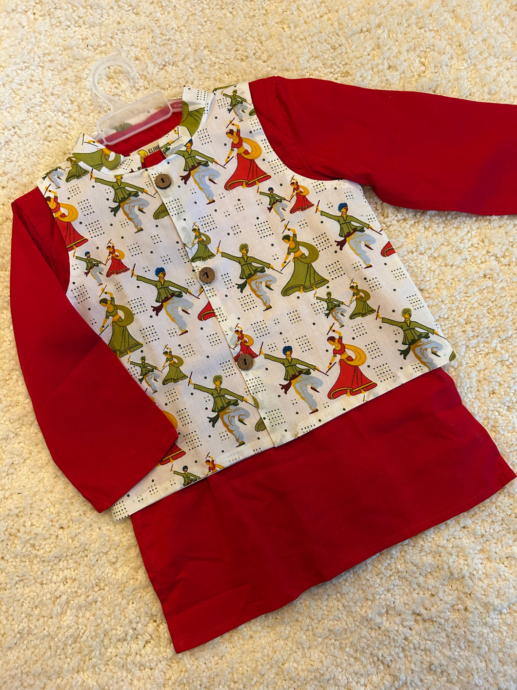 Klingaru Long Kurta Pajama Jacket Set- Red Garba Night