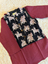 Load image into Gallery viewer, Klingaru Long Kurta Pajama Jacket Set- Red with Black Wedding Jacket
