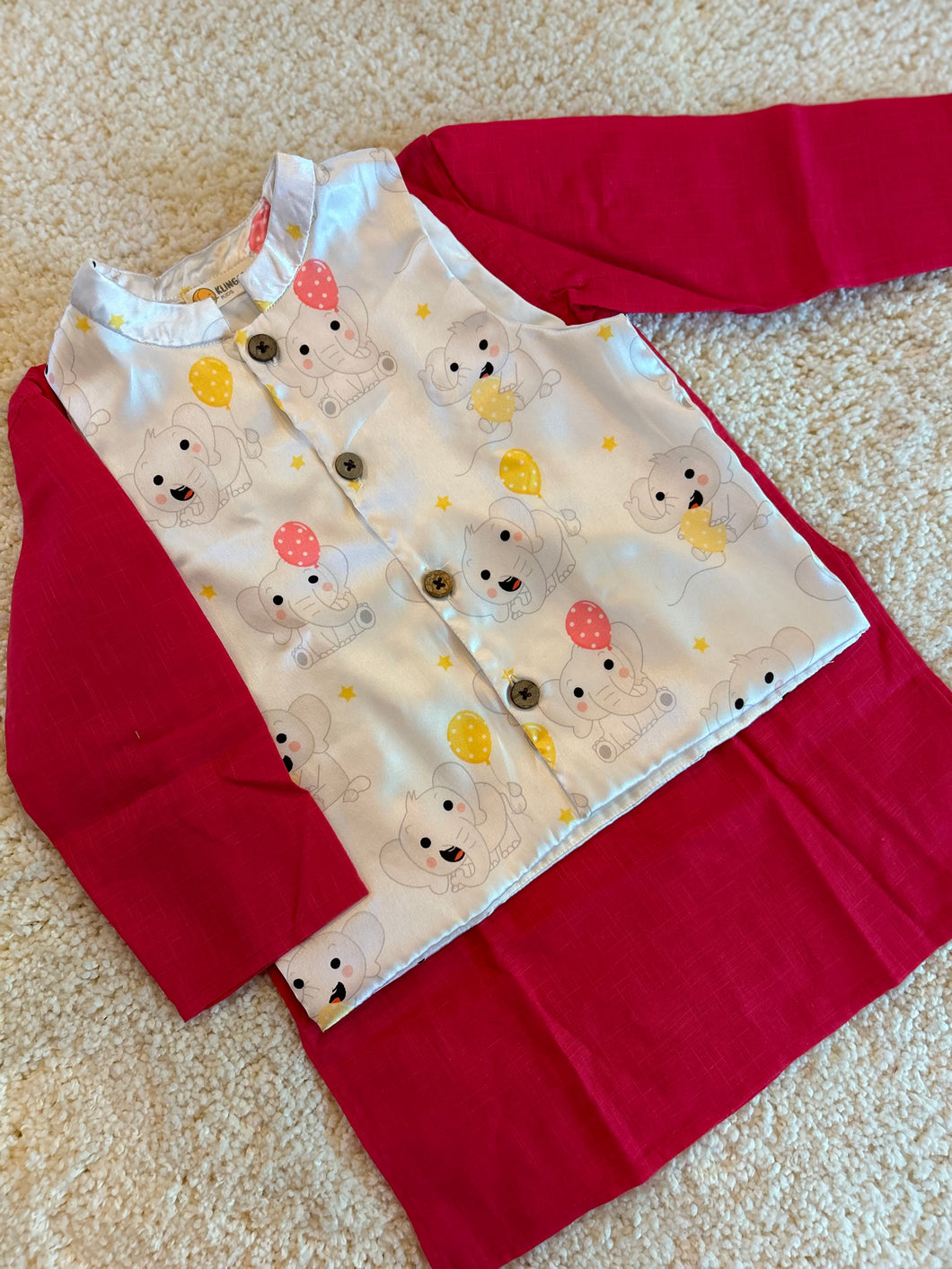 Klingaru Long Kurta Pajama Jacket Set- Red with Ellie Jacket