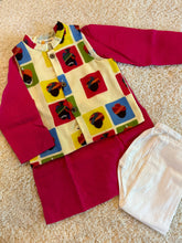 Load image into Gallery viewer, Klingaru Long Kurta Pajama Jacket Set- Red with Multicolour Turban Jacket
