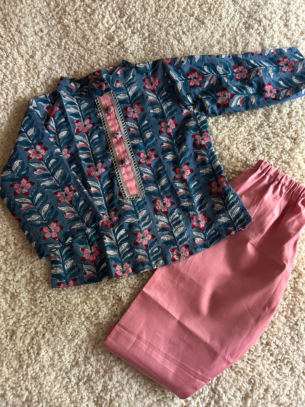 Klingaru Long Kurta and Pajama- Blue with Pink Flowers (PRE-ORDER)