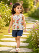 Load image into Gallery viewer, Klingaru Sleeveless Top and Shorts Set - White Floral with Denim Shorts
