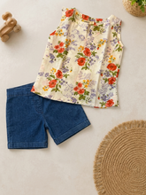 Load image into Gallery viewer, Klingaru Sleeveless Top and Shorts Set - White Floral with Denim Shorts
