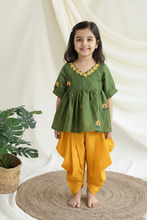 Load image into Gallery viewer, Klingaru Girl Kurta and Dhoti Set - Green Yellow with embroidered flowers and Lace Detailing
