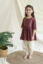 Load image into Gallery viewer, Klingaru Girl Kurta and Tulip Dhoti Set - Wine Zig Zag with Lace Detailing

