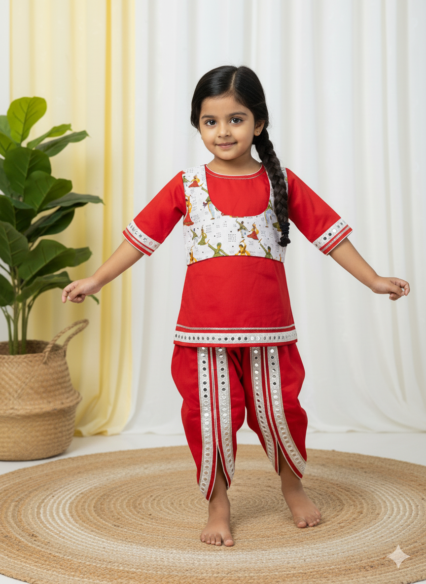 Klingaru Girl Kurta and Tulip Dhoti Set - Red Garba Night