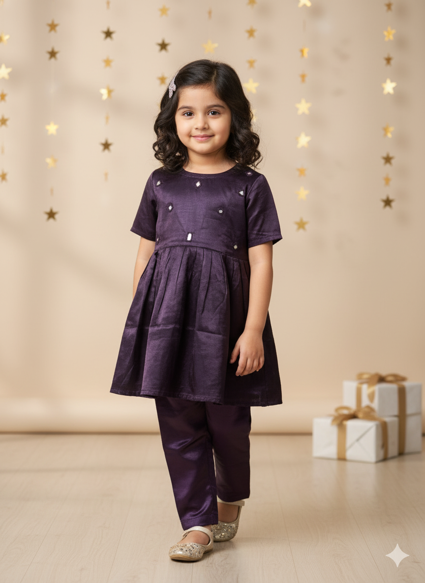 Klingaru Girl Kurta and Pants Set - Mashru Wine with Mirror Work