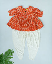 Load image into Gallery viewer, Klingaru Girl Dhoti Set - Orange with Offwhite Ikat
