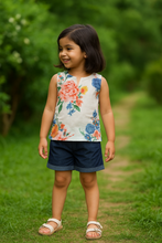 Load image into Gallery viewer, Klingaru Sleeveless Top and Shorts Set - White Floral with Denim Shorts
