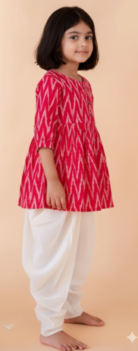 Klingaru Girl Dhoti Set - Pink with Offwhite Ikat