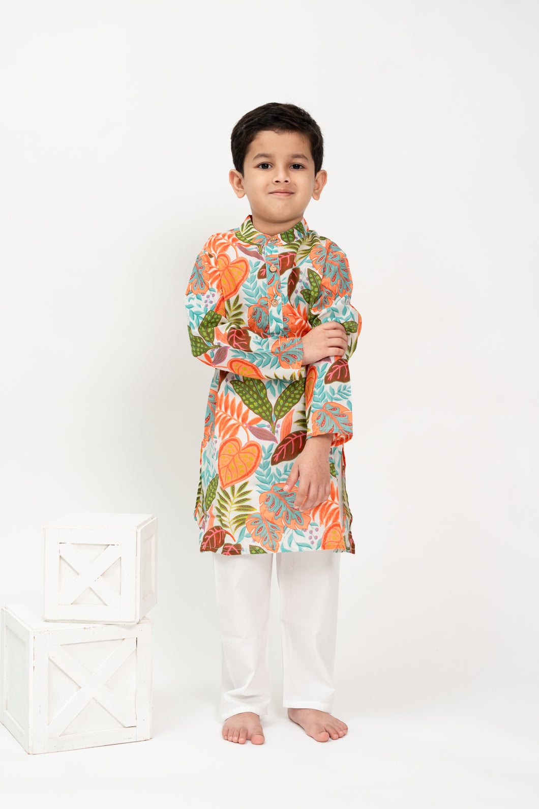 Klingaru Long Kurta Set- Green Orange Leaves Printed