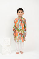 Klingaru Long Kurta Set- Green Orange Leaves Printed ( Last Peices )