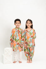 Load image into Gallery viewer, Klingaru Long Kurta Set- Green Orange Leaves Printed
