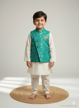 Charger l&#39;image dans la galerie, Klingaru Long Kurta Pajama Jacket Set- Offwhite with Teal Warli Jacket
