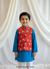 Charger l&#39;image dans la galerie, Klingaru Long Kurta Pajama Jacket Set- Blue with Red Donald Duck Jacket
