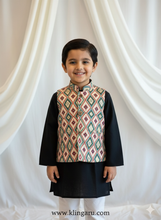 Load image into Gallery viewer, Klingaru Long Kurta Pajama Jacket Set- Black with Cream Geometric Jacket
