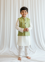 Charger l&#39;image dans la galerie, Klingaru Long Kurta Pajama Jacket Set- Offwhite with Pista Green Jacket
