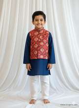 Charger l&#39;image dans la galerie, Klingaru Long Kurta Pajama Jacket Set- Blue with Red Patola Festive Jacket
