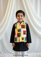 Load image into Gallery viewer, Klingaru Long Kurta Pajama Jacket Set- Black with Multicolour Turban Jacket
