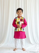 Load image into Gallery viewer, Klingaru Long Kurta Pajama Jacket Set- Red with Multicolour Turban Jacket

