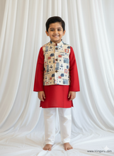 Charger l&#39;image dans la galerie, Klingaru Long Kurta Pajama Jacket Set- Red with Sea Voyage Jacket

