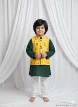 Load image into Gallery viewer, Klingaru Long Kurta Pajama Jacket Set- Green with Yellow Pichwai Jacket

